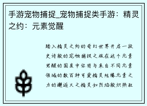 手游宠物捕捉_宠物捕捉类手游：精灵之约：元素觉醒