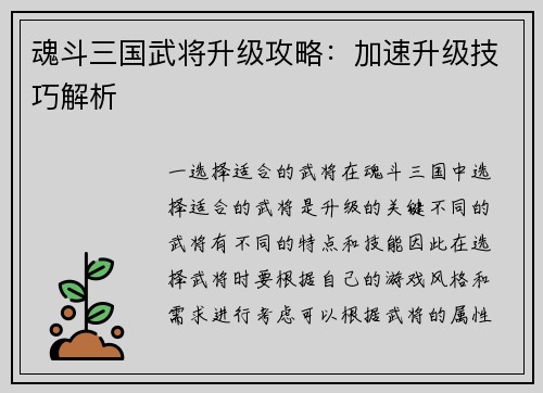 魂斗三国武将升级攻略：加速升级技巧解析